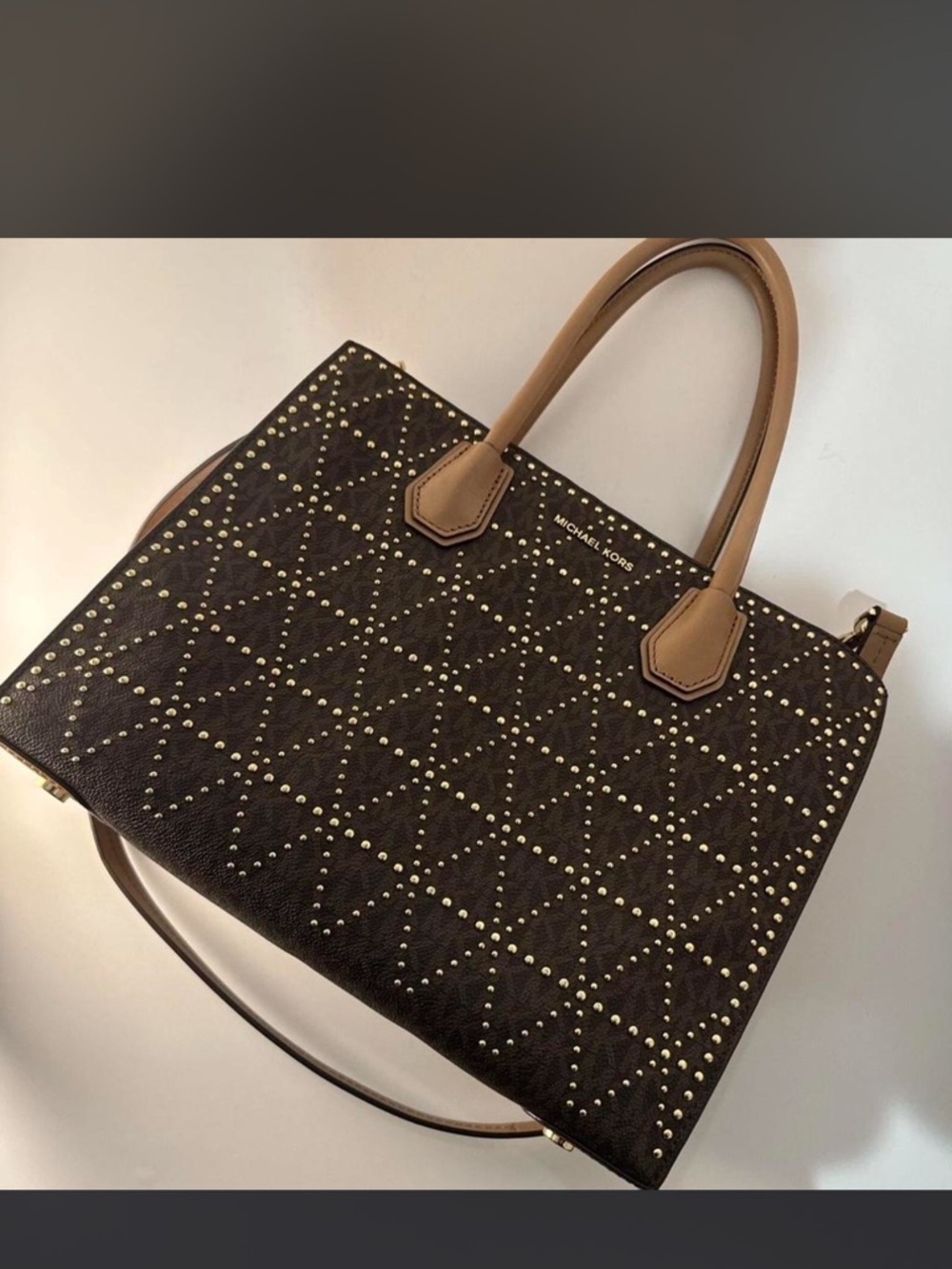 Michael Kors Brown and Studded Satchel with Tan Handles